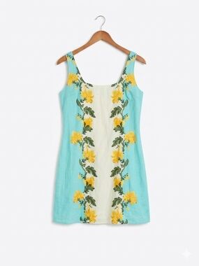 Anna Cate Embroidered Floral Mini Dress Turquoise Smocked Square Neck Size M